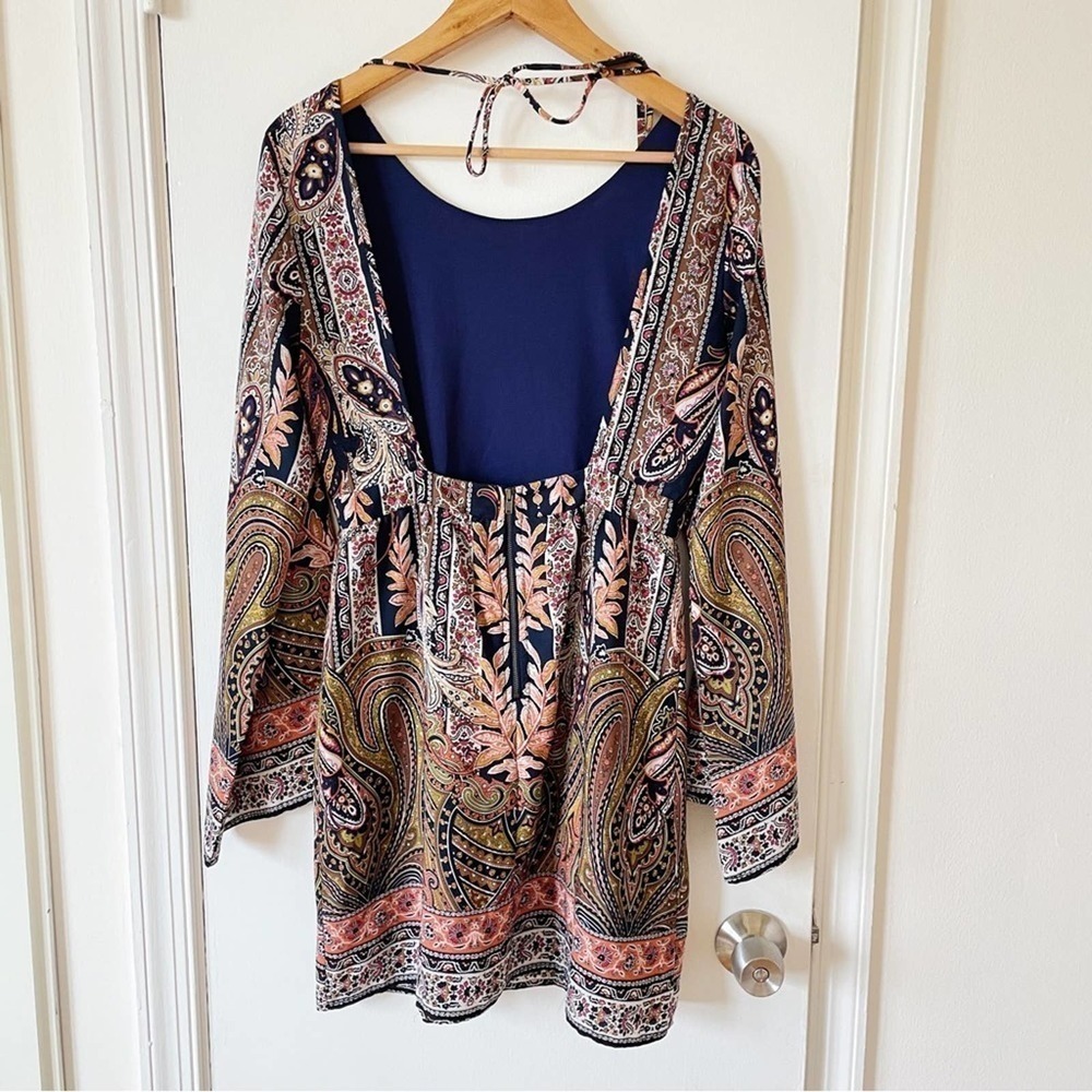 Sage open-back Boho Festival Long-sleeve Dress Paisley A-line Sheath Mini M - Picture 3 of 11